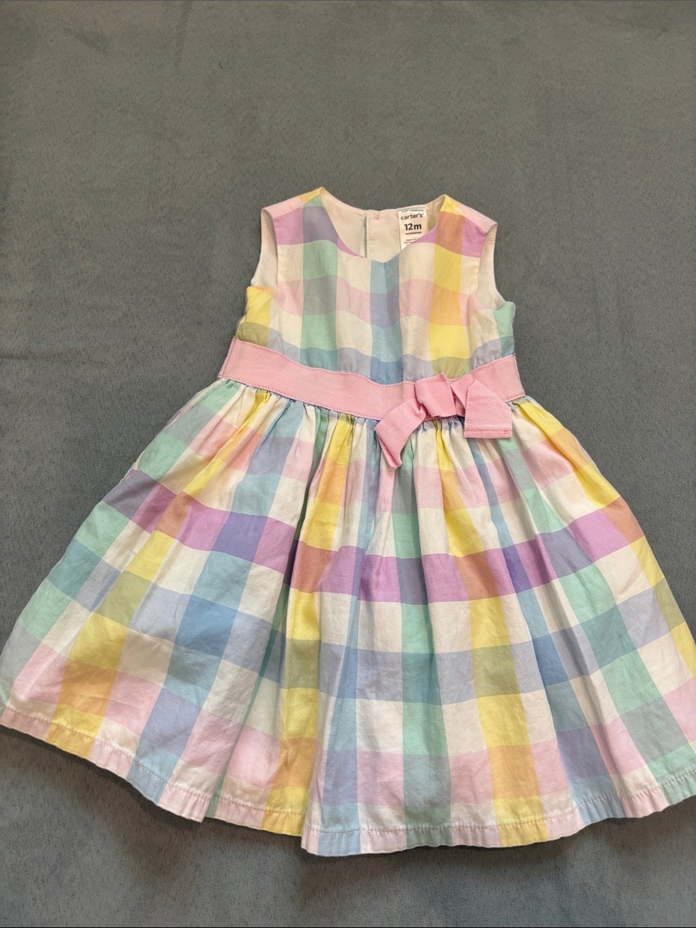 Carter's Pastel Plaid Sleeveless Dress with Pink Bow Waistband 12 months